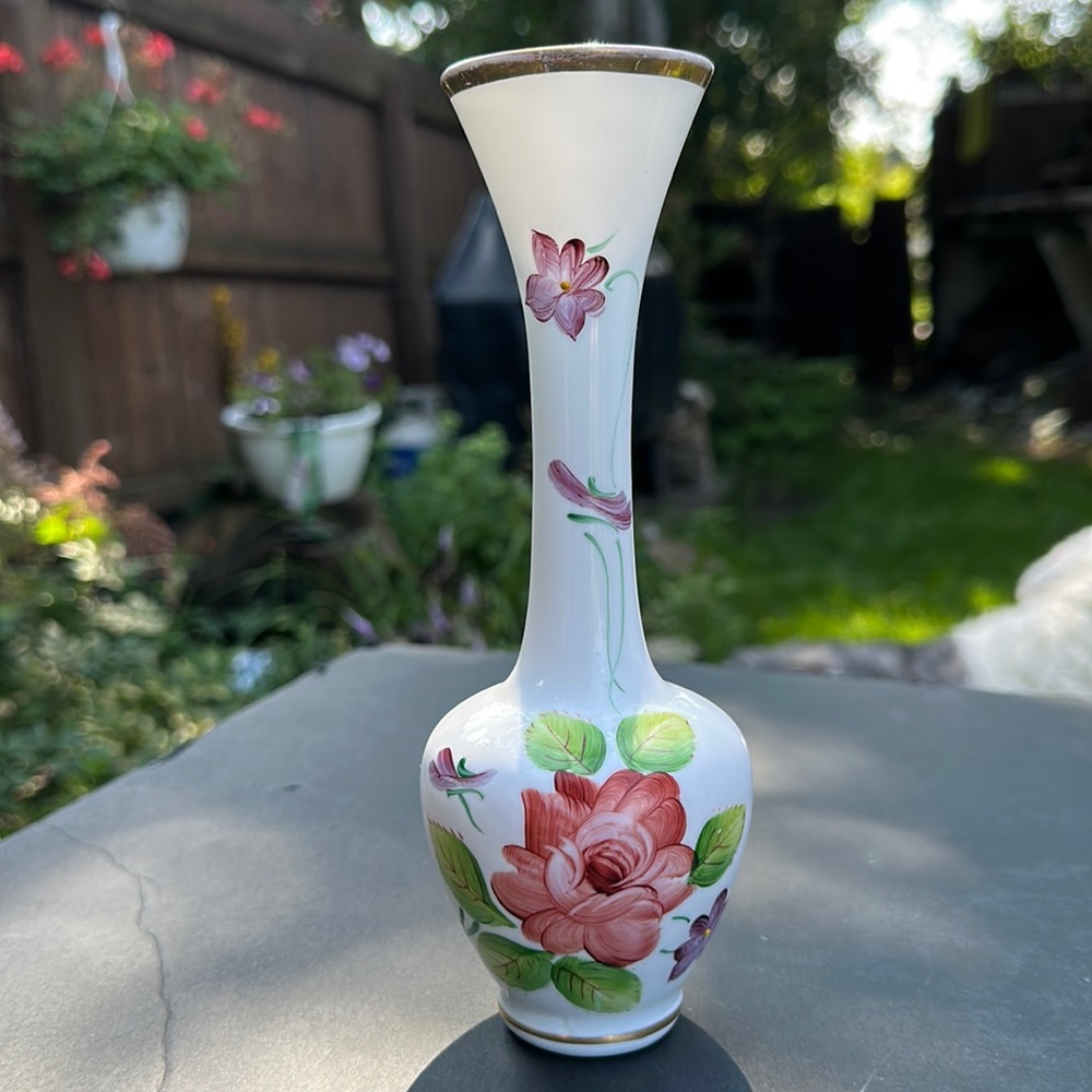 Vtg White Gold Trim Enesco JAPAN 8" Vase with hand painted Floral
